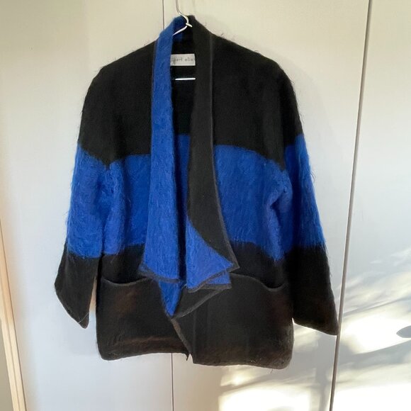 Gilbert Etiemble Sweaters - Vintage Shaggy 80s Sweater Jacket, Black and Bright Blue, from France